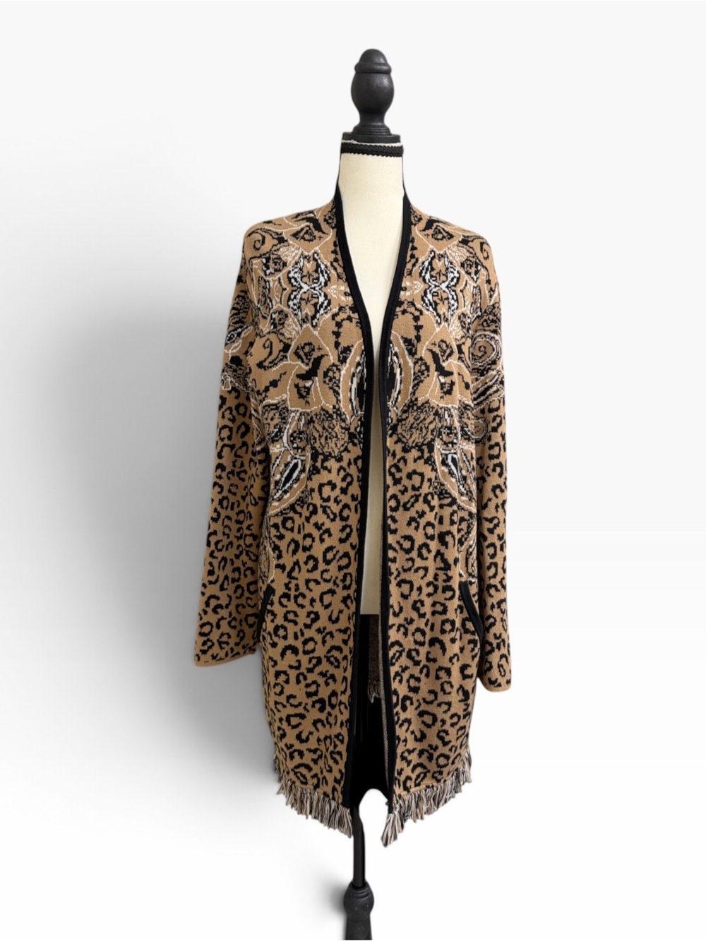 Chico's Tan and Black Leopard Paisley Open-Front Cardigan with fringe hem